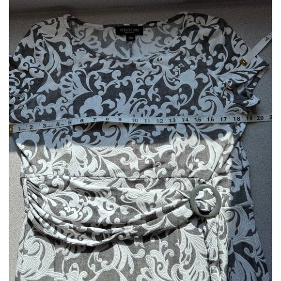 Perceptions Dress Short Sleeve Scroll Puff Print Midi Fit Flare Women Large Gray - Picture 8 of 10